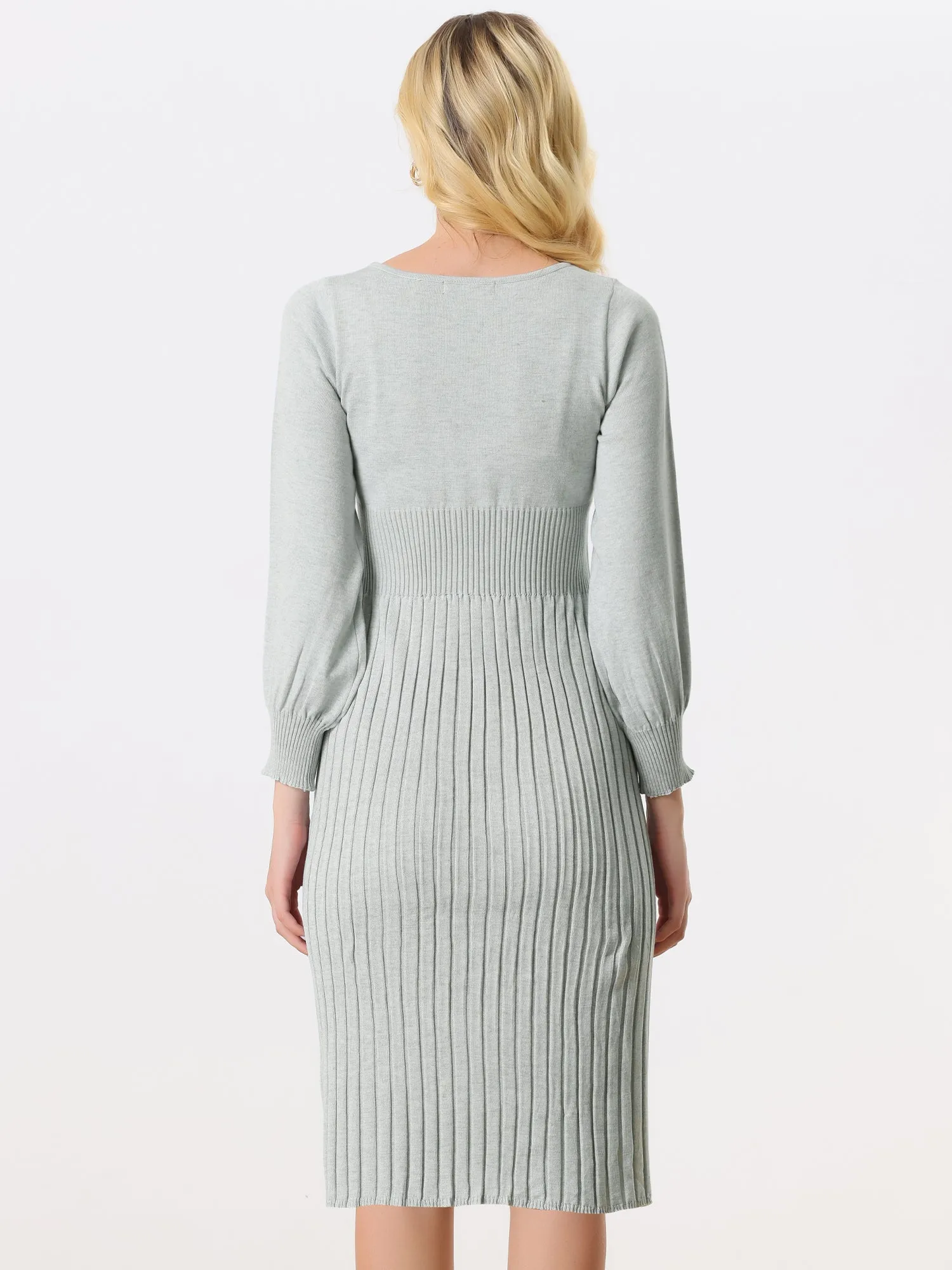 Knit Belted Crew Neck Lantern Sleeve Casual Pleated Sweater Dress sold by Allegra K product image thumbnail 3