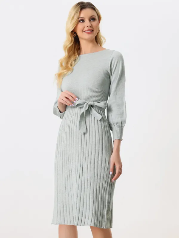Knit Belted Crew Neck Lantern Sleeve Casual Pleated Sweater Dress sold by Allegra K