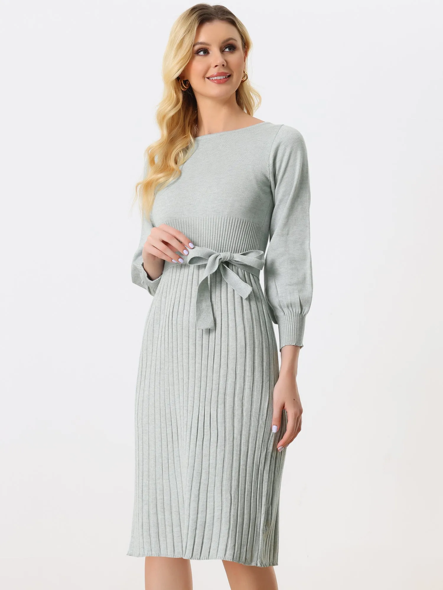 Knit Belted Crew Neck Lantern Sleeve Casual Pleated Sweater Dress sold by Allegra K