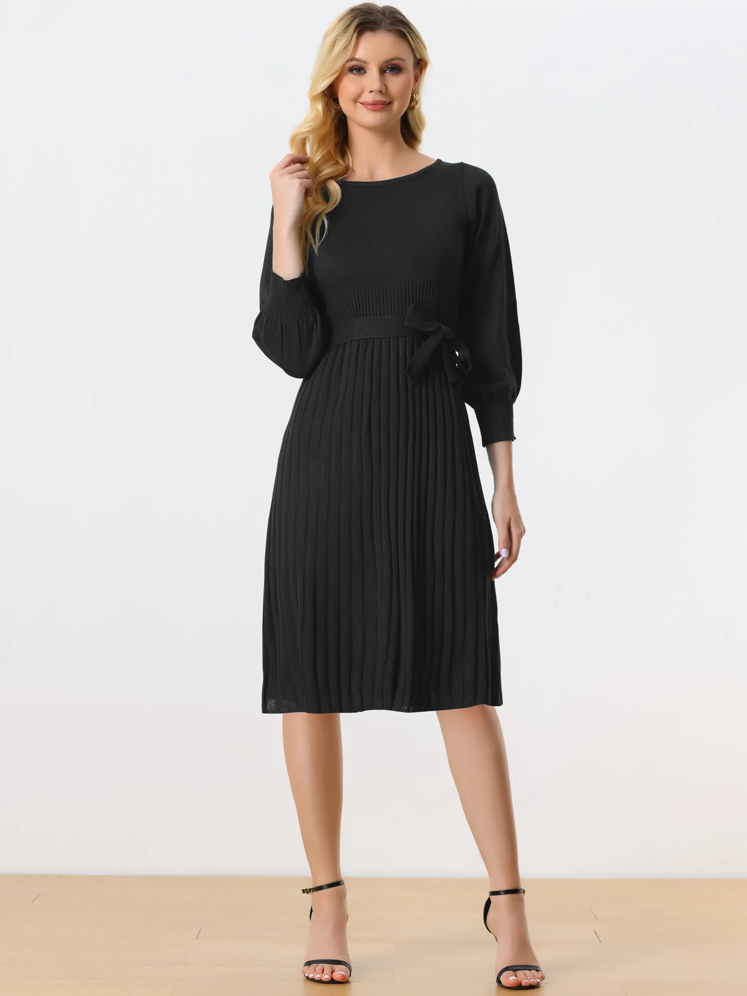 Knit Belted Crew Neck Lantern Sleeve Casual Pleated Sweater Dress sold by Allegra K product image thumbnail 5