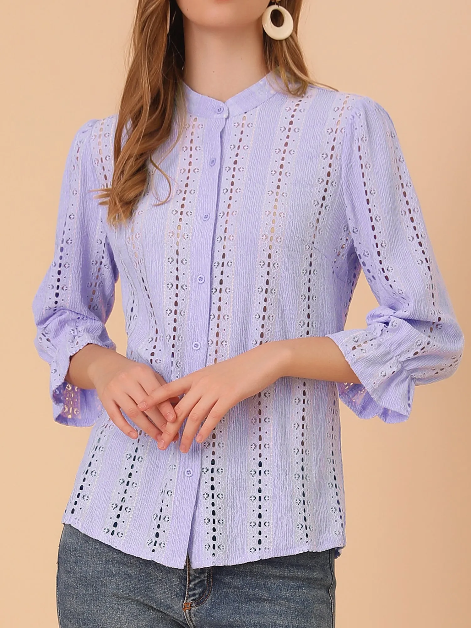 Eyelet Blouse Solid Knit Ruffle 3/4 Sleeve Button Front Top sold by Allegra K product image thumbnail 2