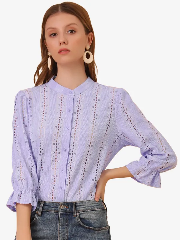 Eyelet Blouse Solid Knit Ruffle 3/4 Sleeve Button Front Top sold by Allegra K