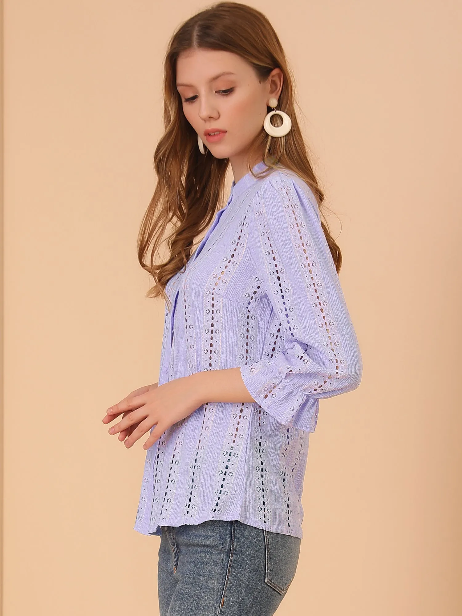 Eyelet Blouse Solid Knit Ruffle 3/4 Sleeve Button Front Top sold by Allegra K product image thumbnail 4