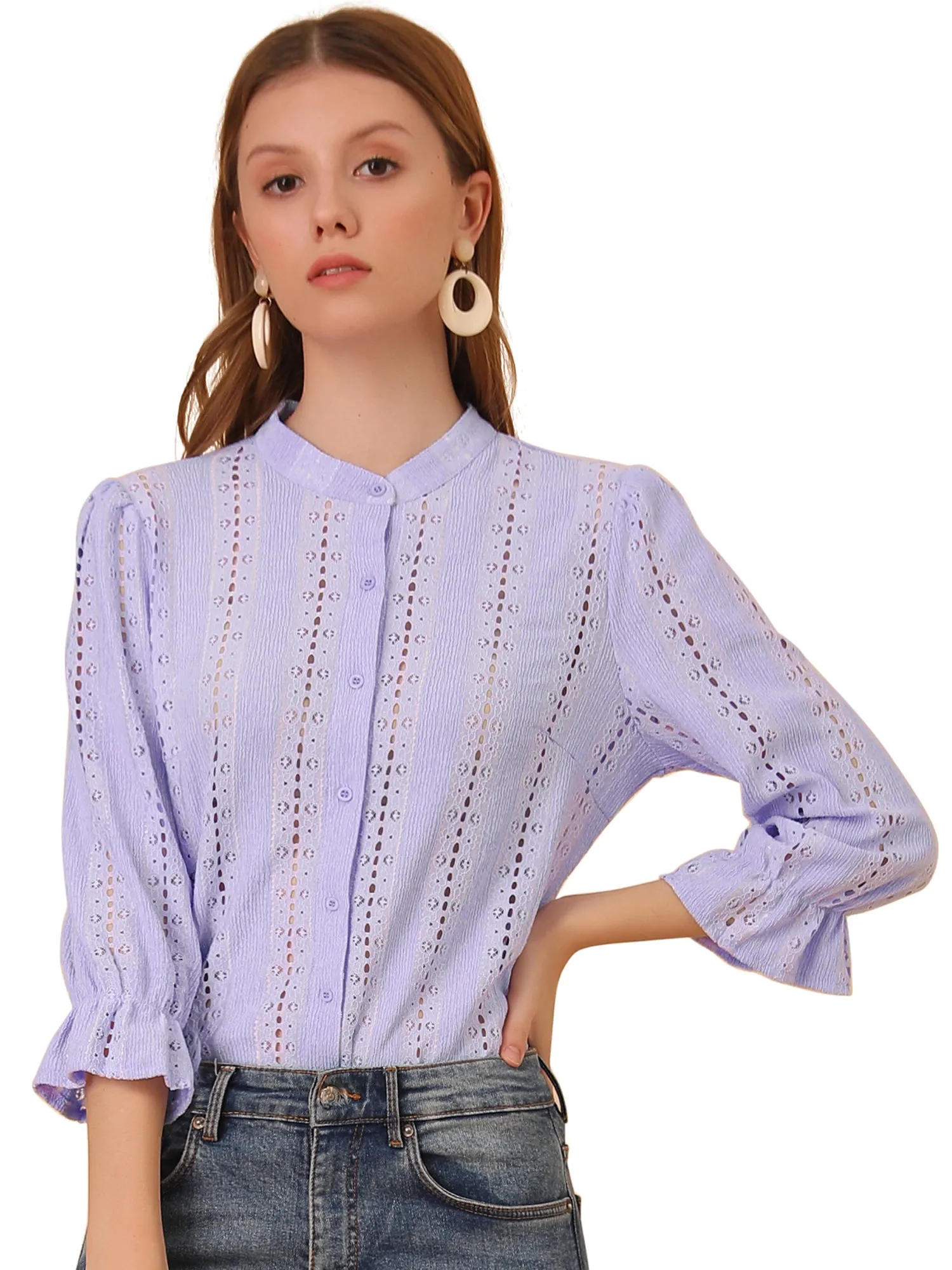 Eyelet Blouse Solid Knit Ruffle 3/4 Sleeve Button Front Top sold by Allegra K product image thumbnail 3
