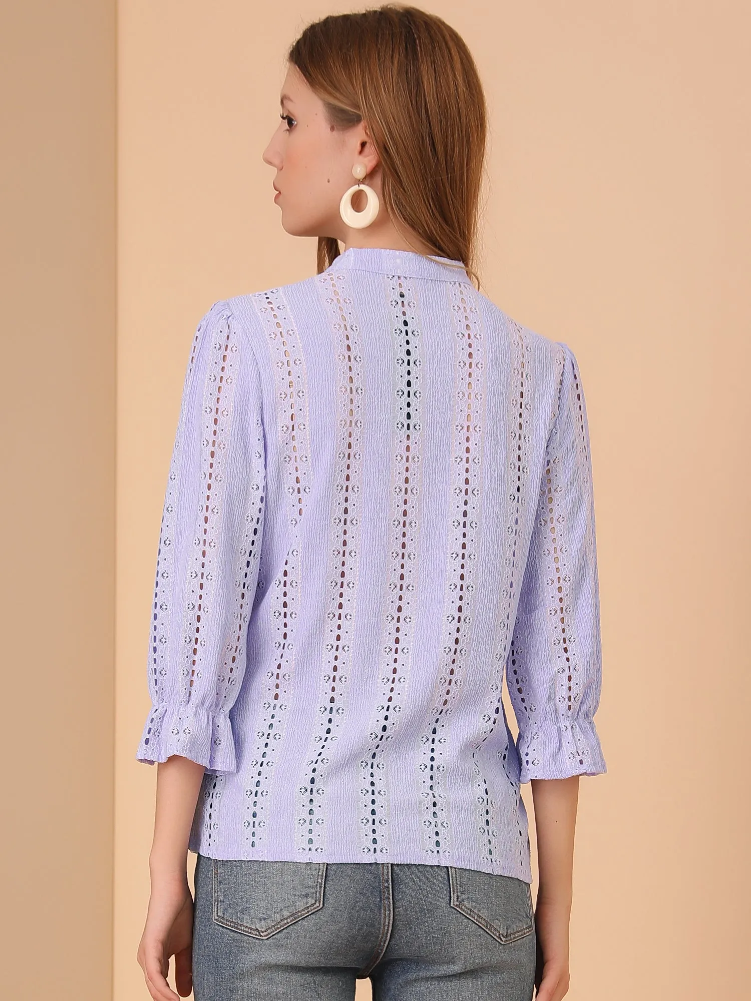 Eyelet Blouse Solid Knit Ruffle 3/4 Sleeve Button Front Top sold by Allegra K product image thumbnail 5