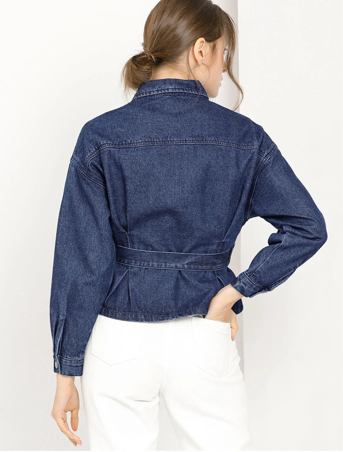 Point Collar Long Sleeve Belted Button Down Crop Denim Jacket sold by Allegra K product image thumbnail 5