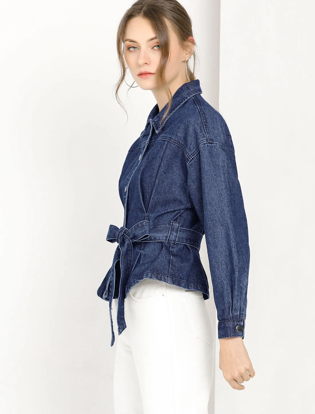 Point Collar Long Sleeve Belted Button Down Crop Denim Jacket sold by Allegra K