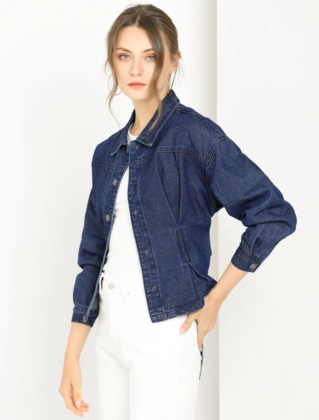 Point Collar Long Sleeve Belted Button Down Crop Denim Jacket sold by Allegra K product image thumbnail 2