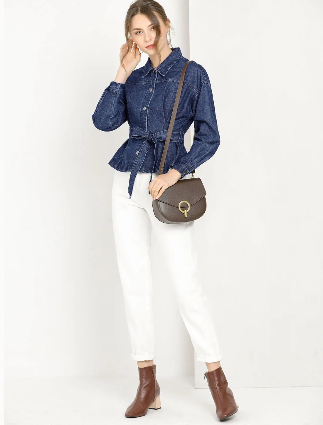 Point Collar Long Sleeve Belted Button Down Crop Denim Jacket sold by Allegra K product image thumbnail 4