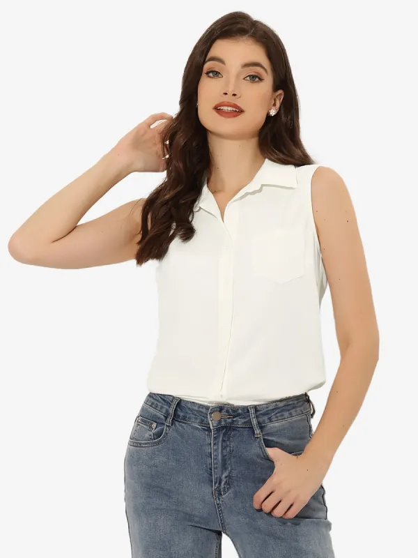 Denim Button Down Sleeveless Lapel V Neck Chambray Tunic Top sold by Allegra K