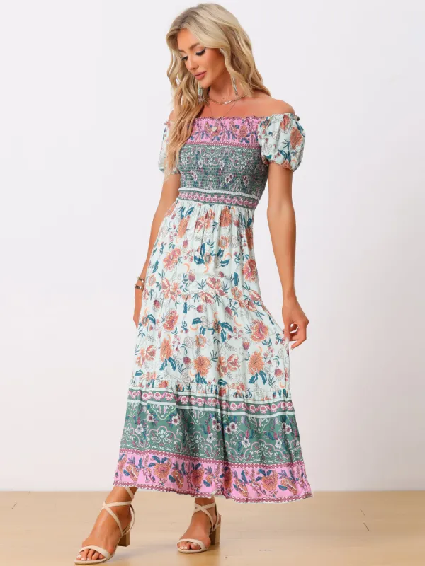 Boho Floral Off Shoulder Puff Sleeves Maxi Smocked Dress sold by Allegra K