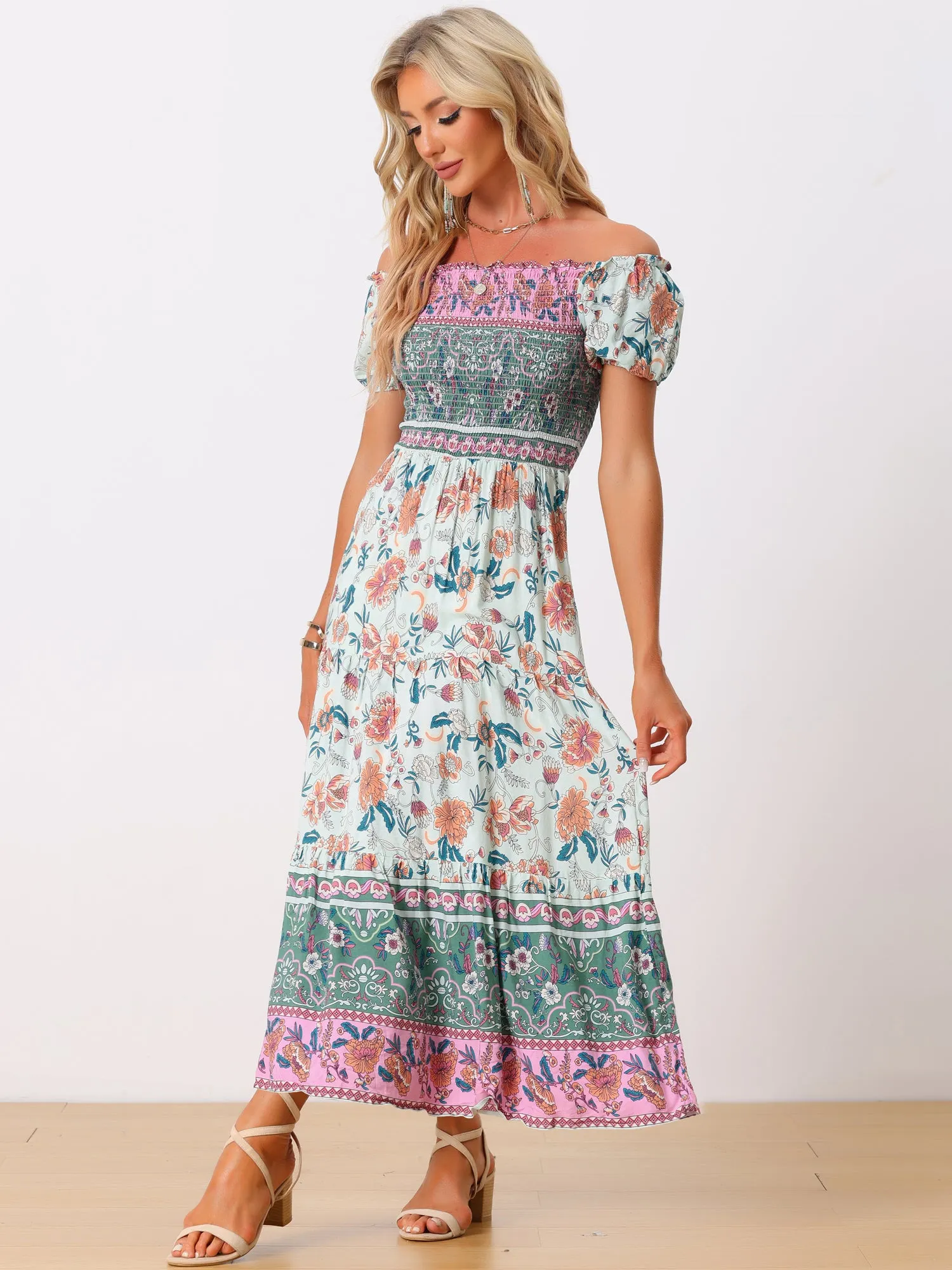 Boho Floral Off Shoulder Puff Sleeves Maxi Smocked Dress sold by Allegra K