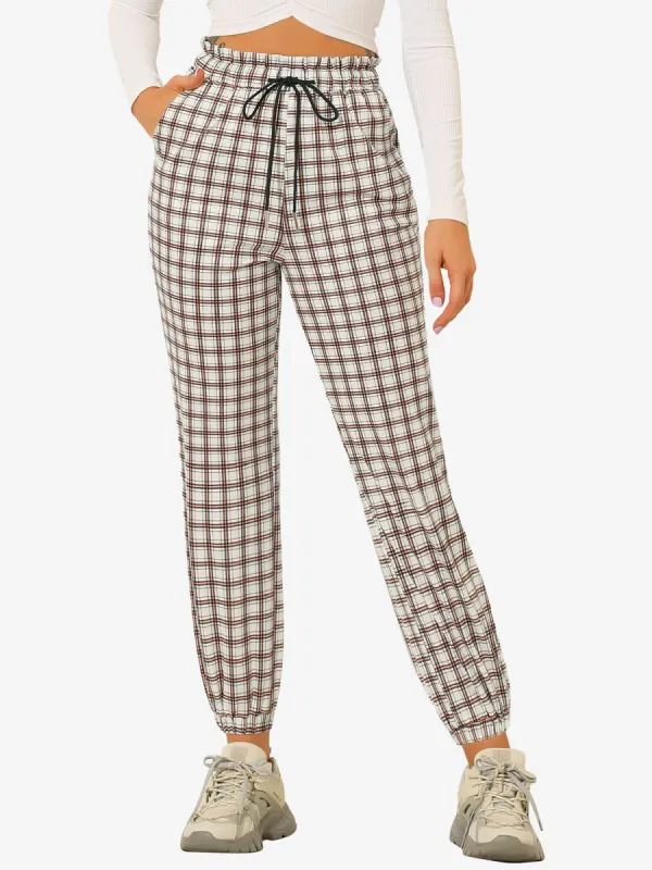 Casual Jogger Pants Drawstring Elastic Waist Plaid Trousers sold by Allegra K