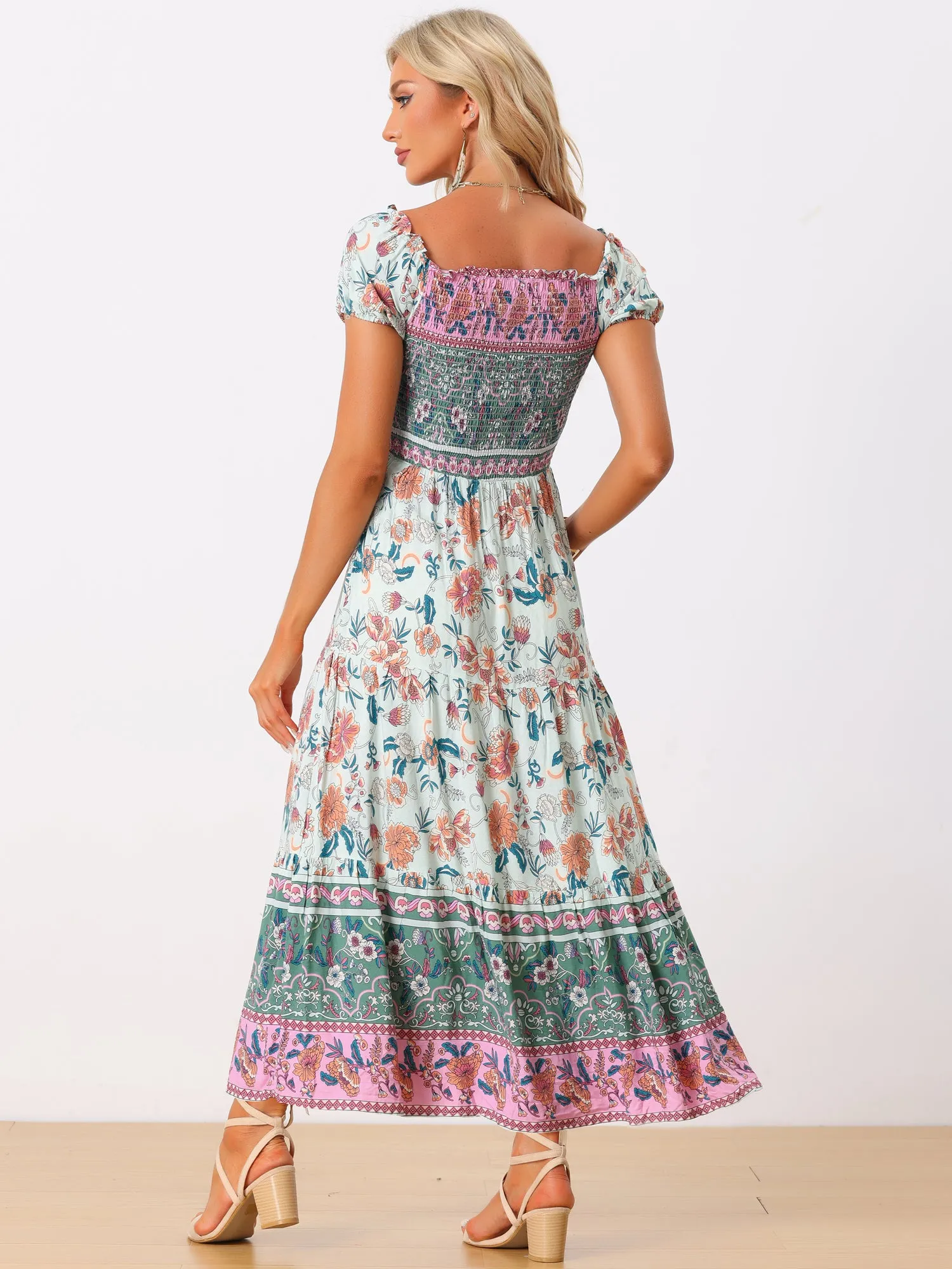 Boho Floral Off Shoulder Puff Sleeves Maxi Smocked Dress sold by Allegra K product image thumbnail 3
