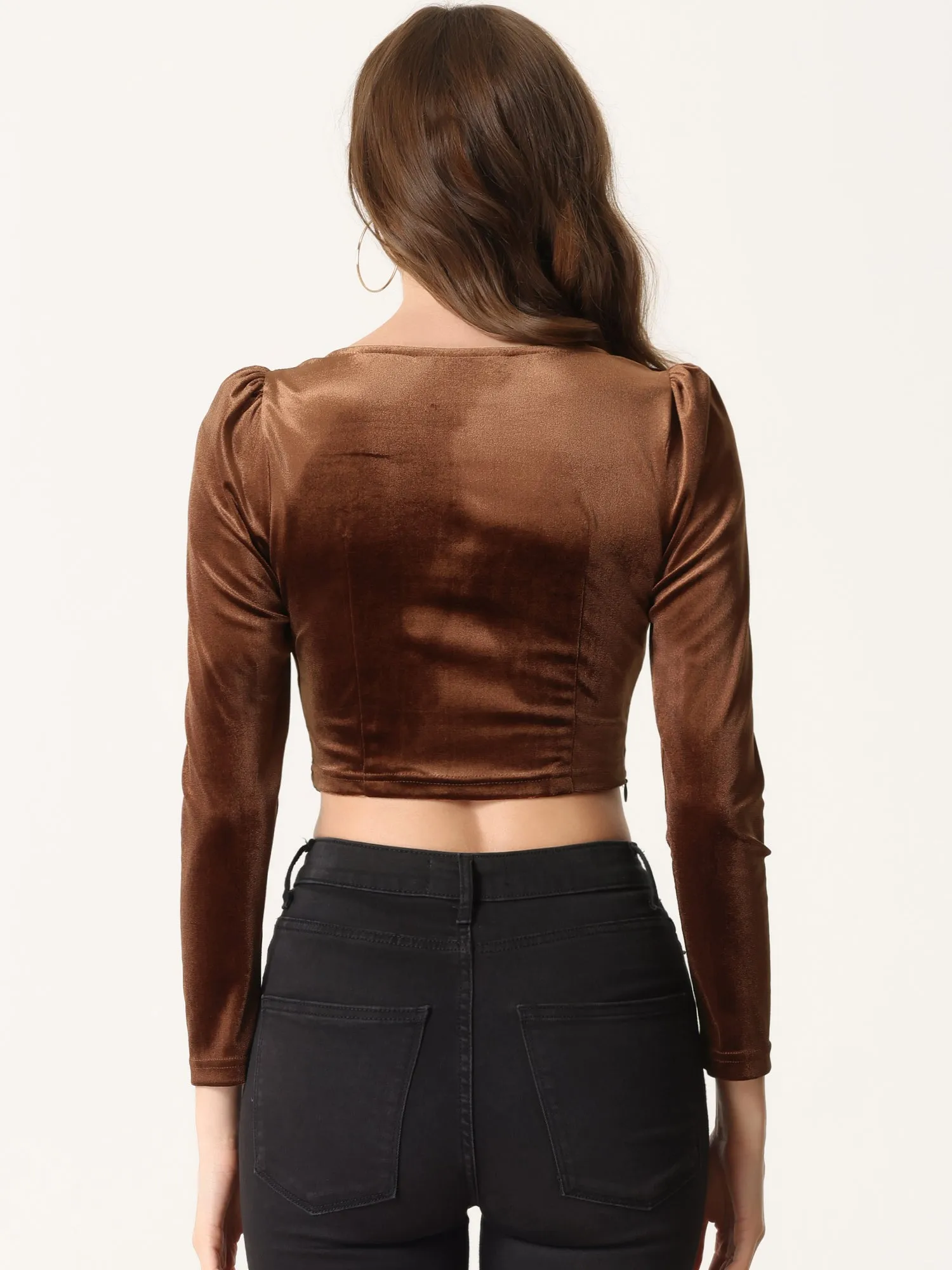 Crop Velvet Long Sleeve Top Casual Square Neck Blouse sold by Allegra K product image thumbnail 3