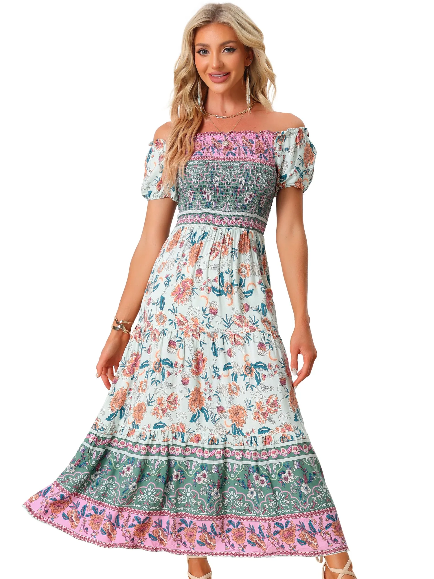 Boho Floral Off Shoulder Puff Sleeves Maxi Smocked Dress sold by Allegra K product image thumbnail 5