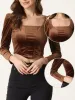 Crop Velvet Long Sleeve Top Casual Square Neck Blouse sold by Allegra K