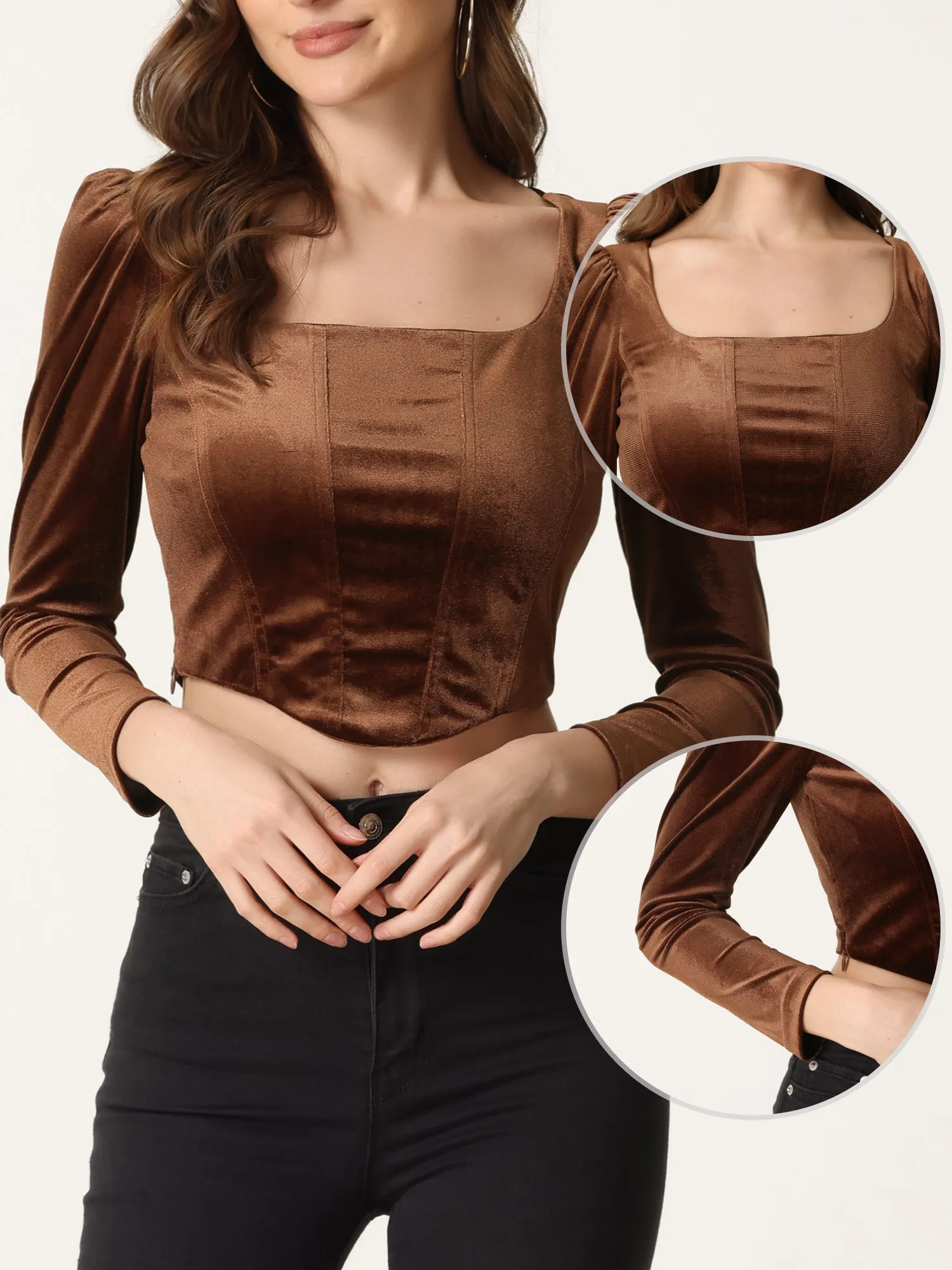 Crop Velvet Long Sleeve Top Casual Square Neck Blouse sold by Allegra K product image thumbnail 2
