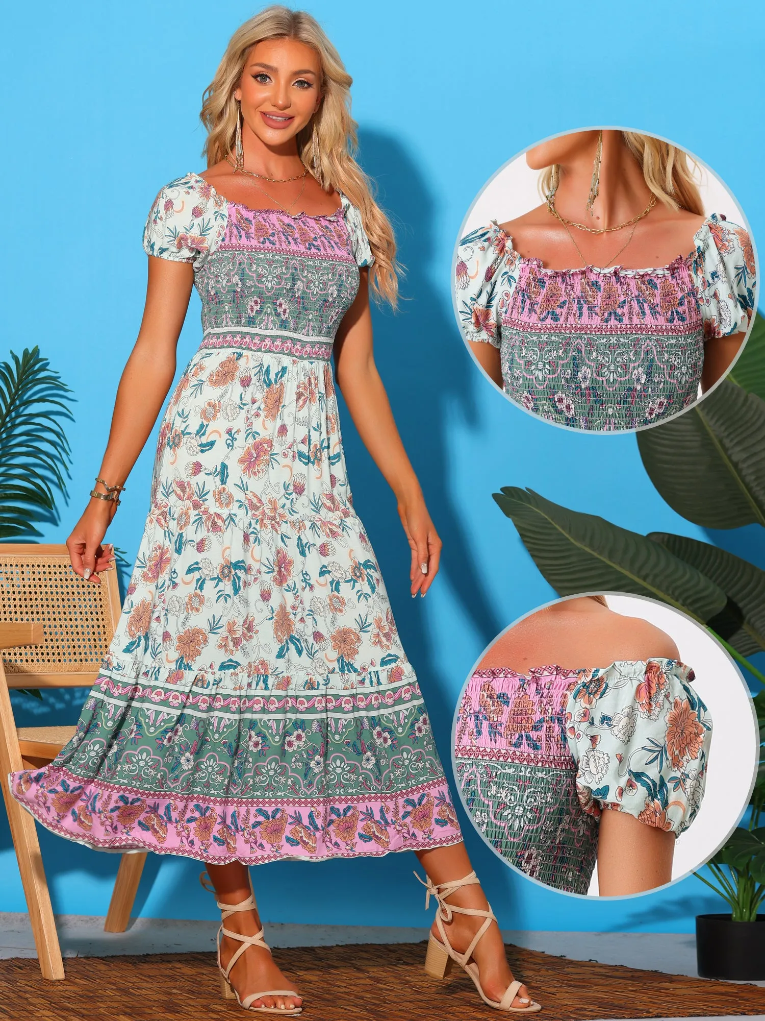 Boho Floral Off Shoulder Puff Sleeves Maxi Smocked Dress sold by Allegra K product image thumbnail 2