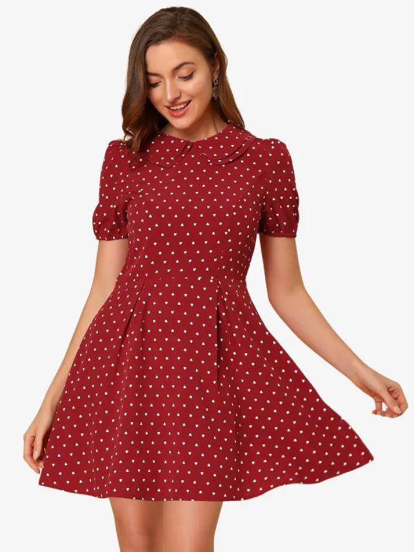 Heart Print Short Sleeve A-Line Peter Pan Collar Mini Dress sold by Allegra K