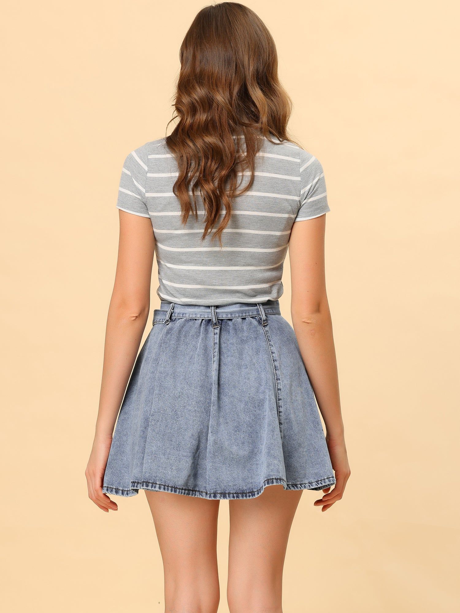 Casual Denim Belt High Waist Flared Mini Jean Skirt sold by Allegra K product image thumbnail 4