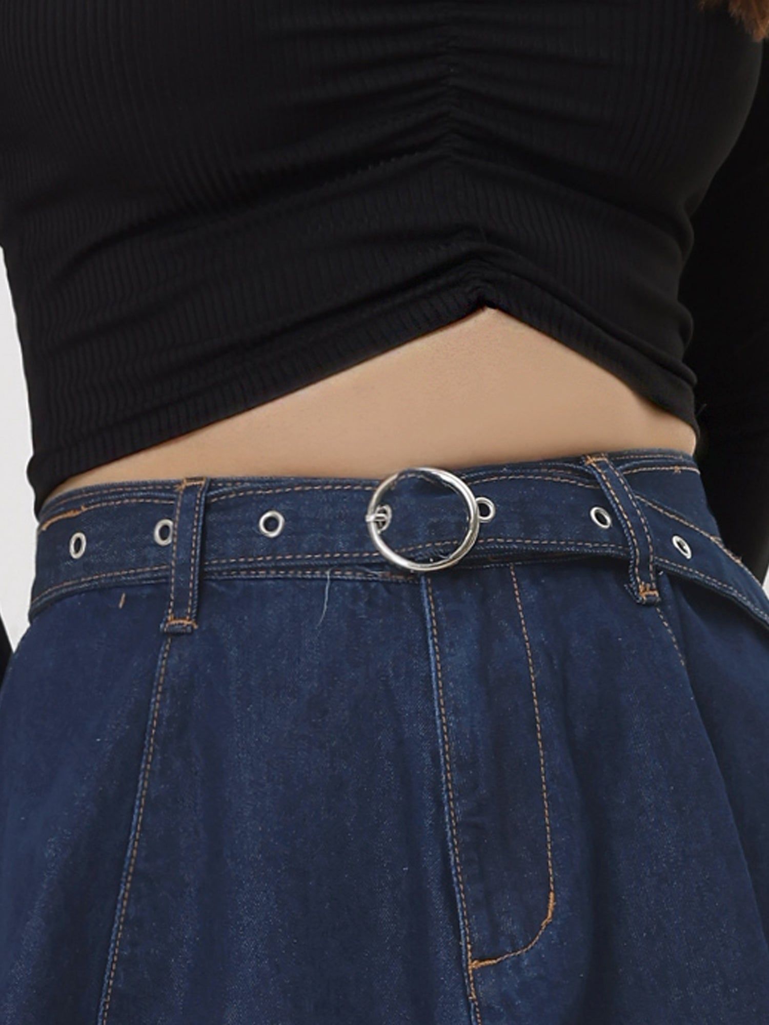 Casual Denim Belt High Waist Flared Mini Jean Skirt sold by Allegra K product image thumbnail 16