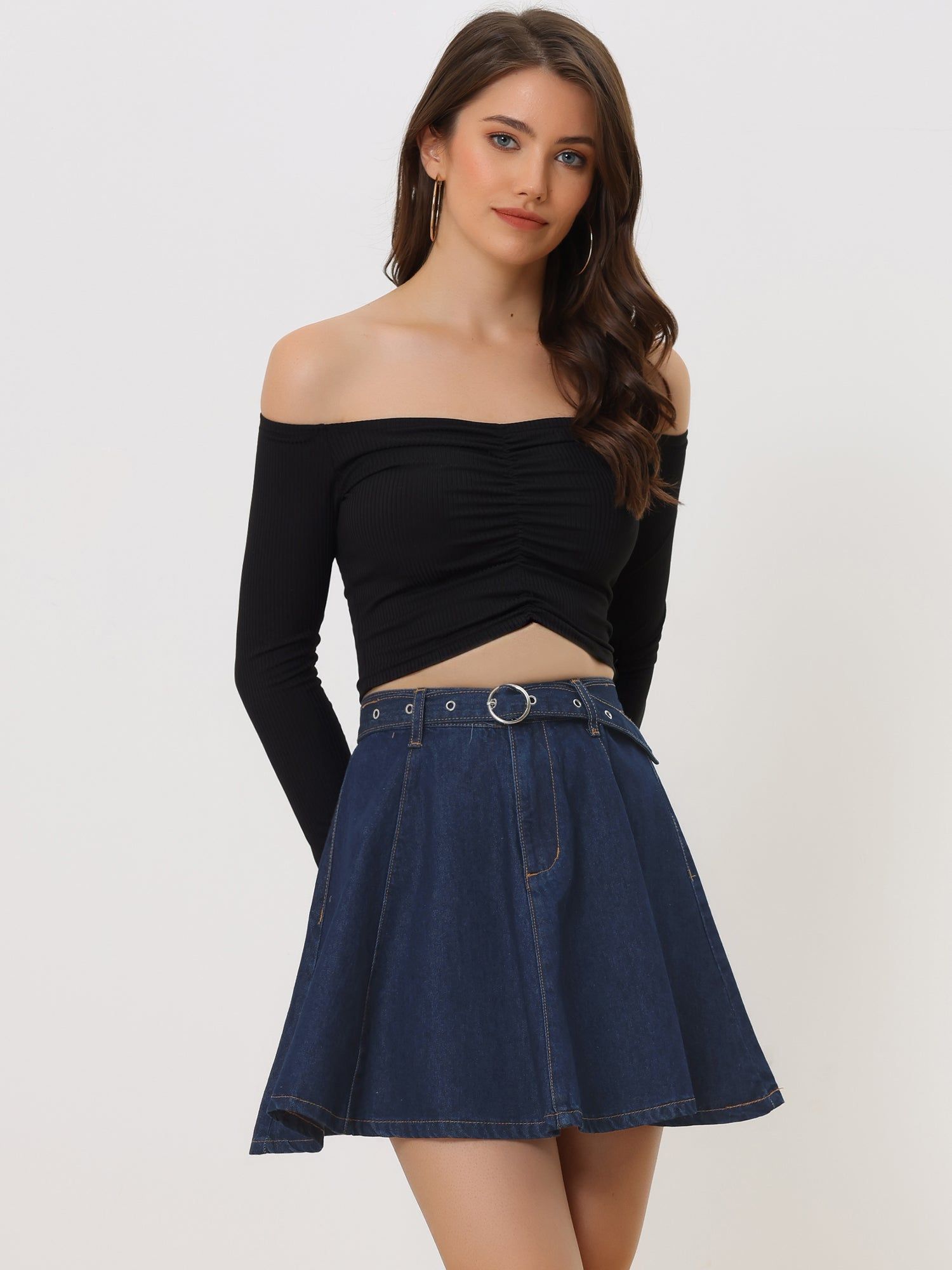 Casual Denim Belt High Waist Flared Mini Jean Skirt sold by Allegra K product image thumbnail 13