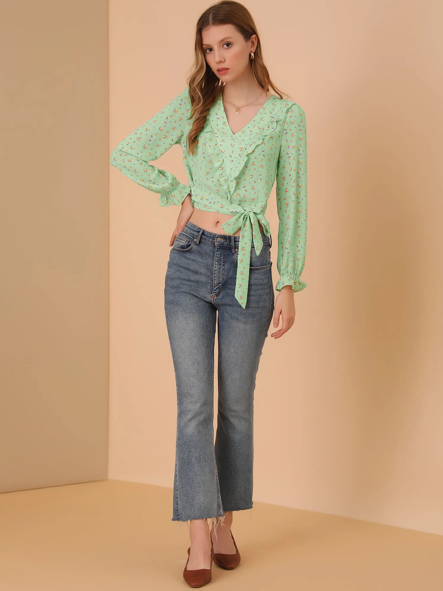 Floral Bow Tie Long Sleeve Ruffle V Neck Crop Top Blouse sold by Allegra K product image thumbnail 3