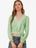 Floral Bow Tie Long Sleeve Ruffle V Neck Crop Top Blouse sold by Allegra K