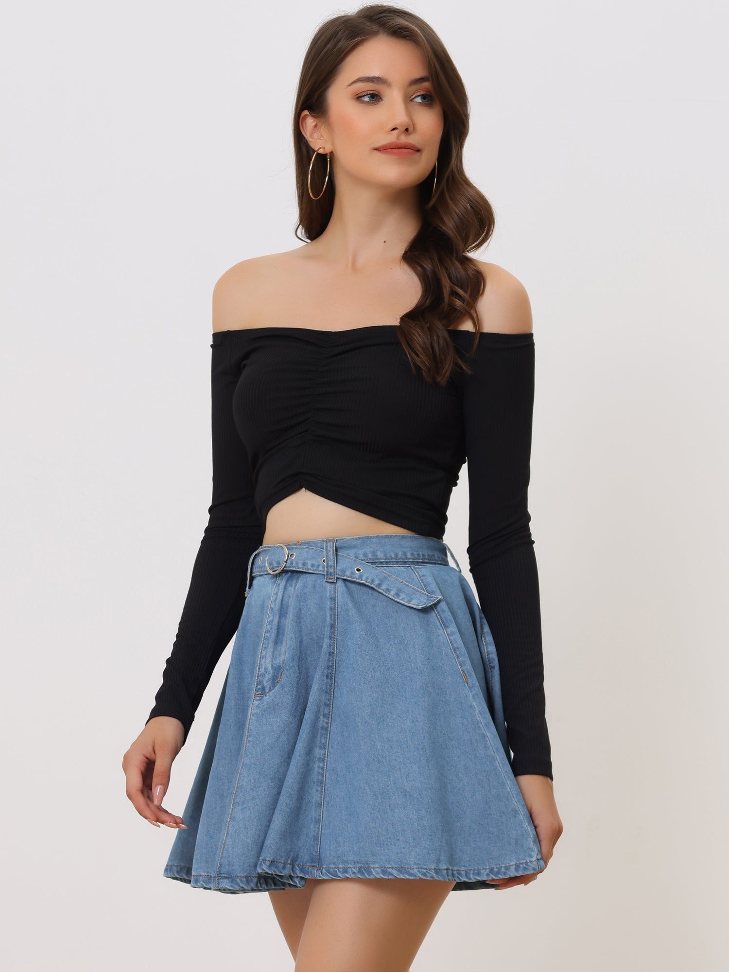 Casual Denim Belt High Waist Flared Mini Jean Skirt sold by Allegra K product image thumbnail 11
