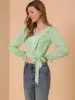 Floral Bow Tie Long Sleeve Ruffle V Neck Crop Top Blouse sold by Allegra K