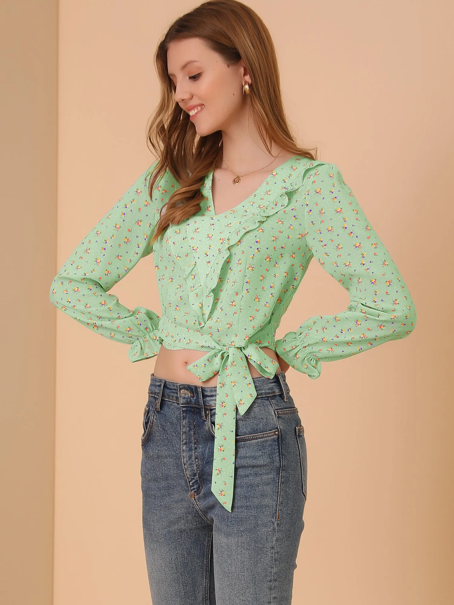 Floral Bow Tie Long Sleeve Ruffle V Neck Crop Top Blouse sold by Allegra K product image thumbnail 4