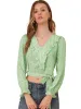 Floral Bow Tie Long Sleeve Ruffle V Neck Crop Top Blouse sold by Allegra K