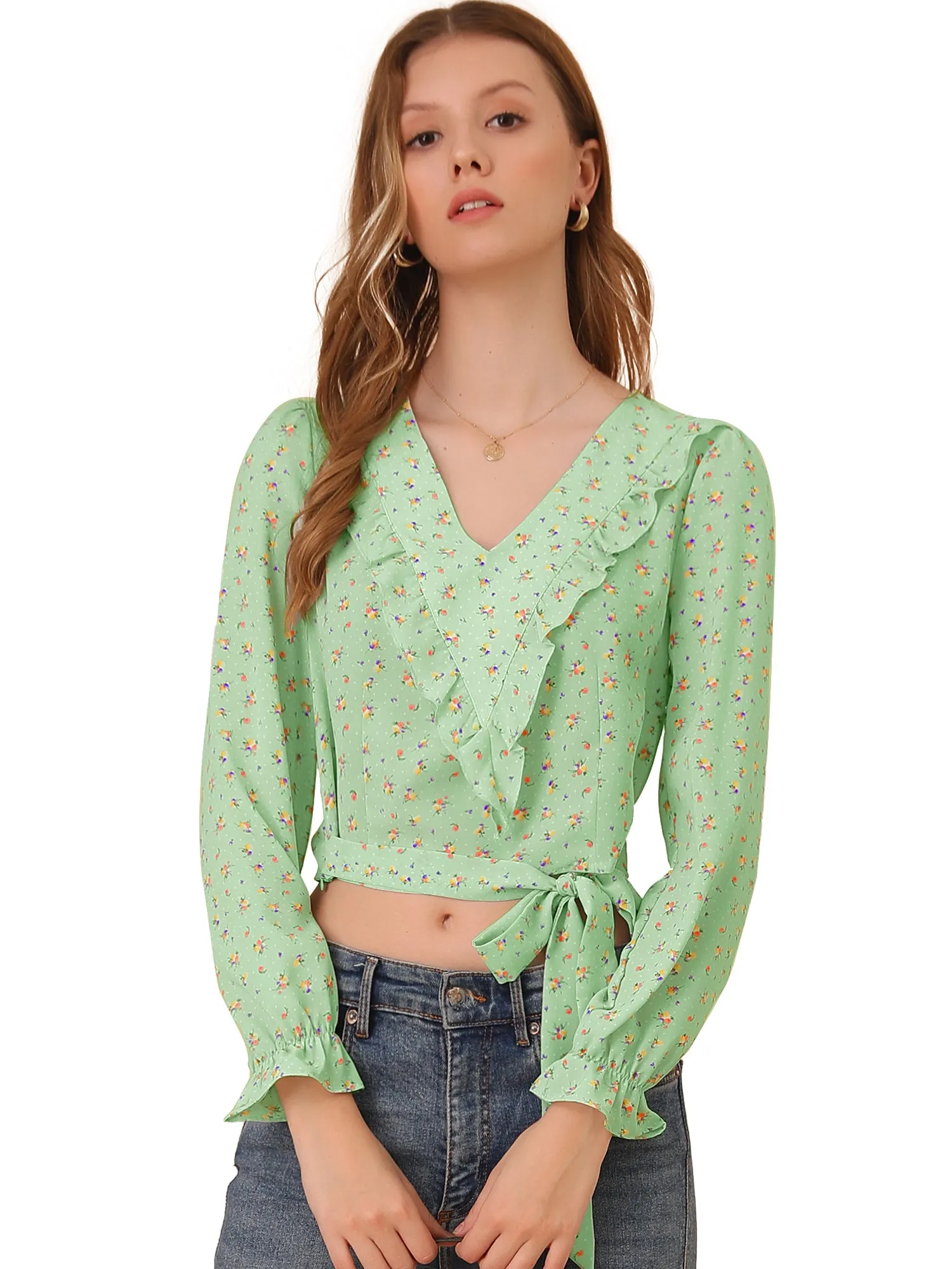 Floral Bow Tie Long Sleeve Ruffle V Neck Crop Top Blouse sold by Allegra K product image thumbnail 2