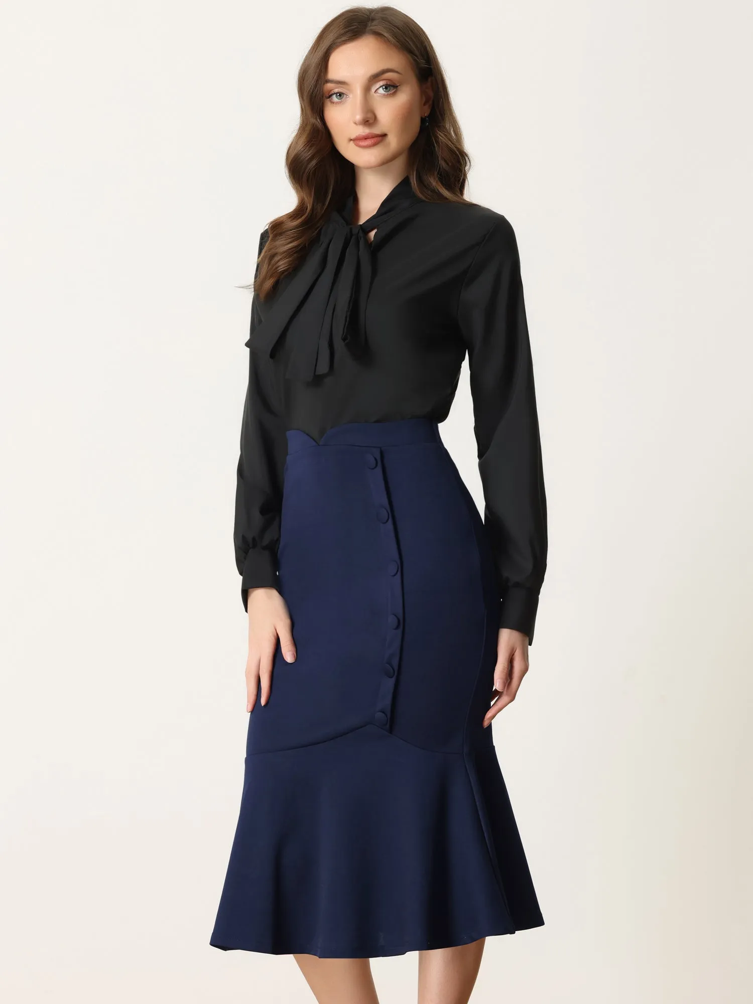 High Waist Elegant Button Decor Stretch Mermaid Midi Skirt sold by Allegra K