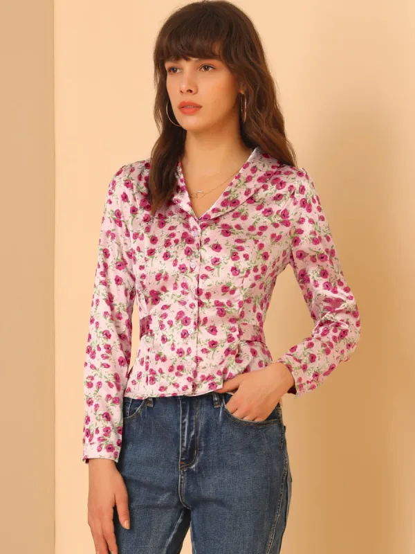Floral V Neck Tie Back Long Sleeve Button-Up Valentine's Day Shirt sold by Allegra K