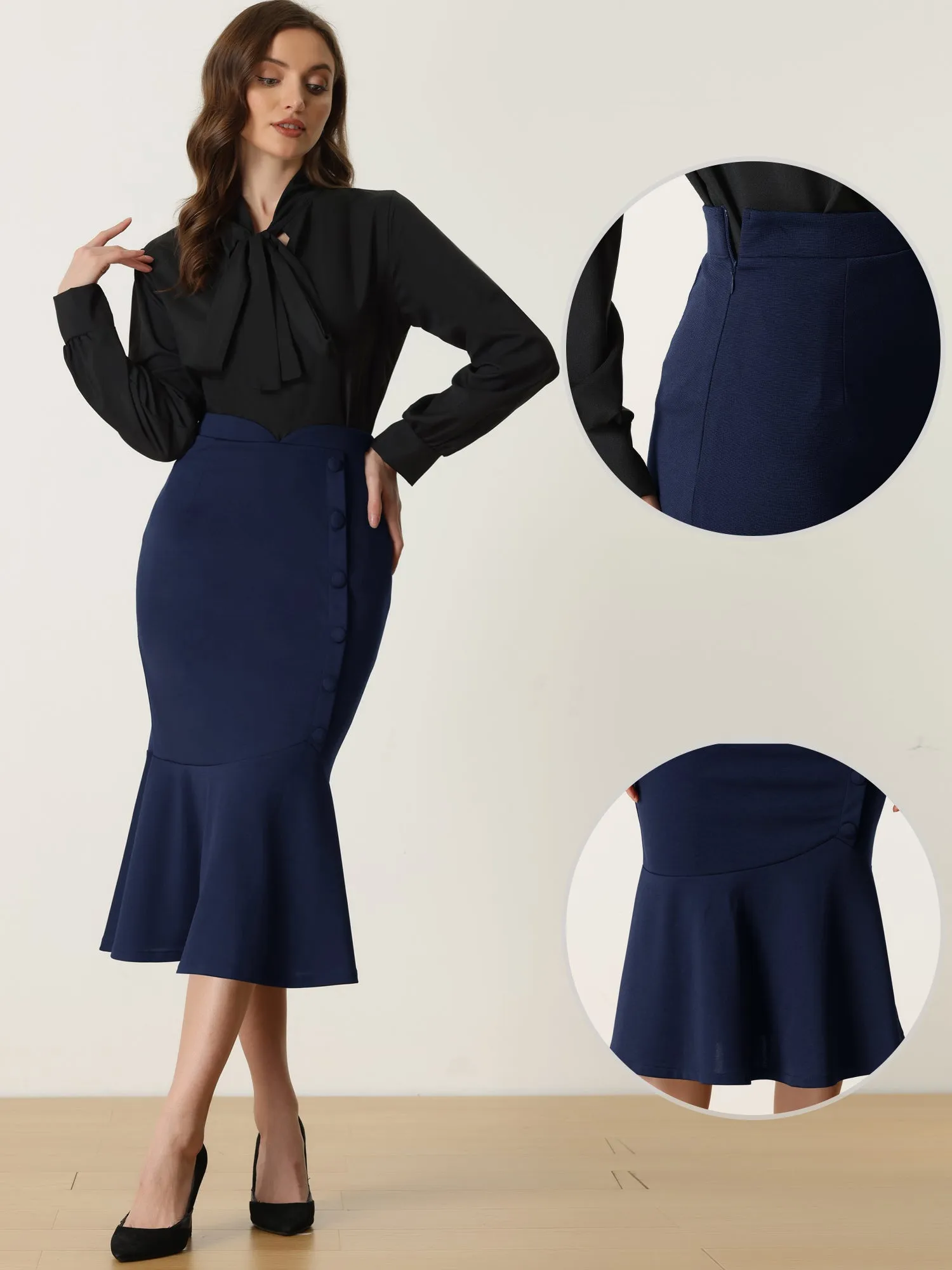 High Waist Elegant Button Decor Stretch Mermaid Midi Skirt sold by Allegra K product image thumbnail 2