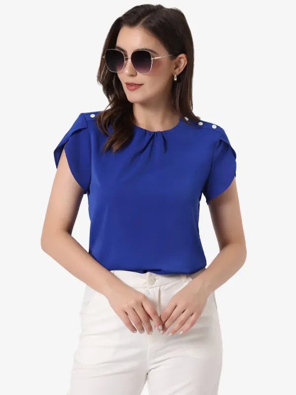 Casual Blouse Cap Sleeve Pleated Round Neck Top sold by Allegra K