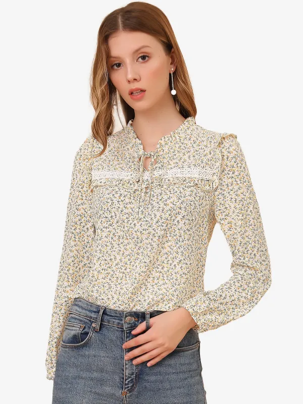Floral Top Ruffle Tie Neck Chiffon Blouse sold by Allegra K