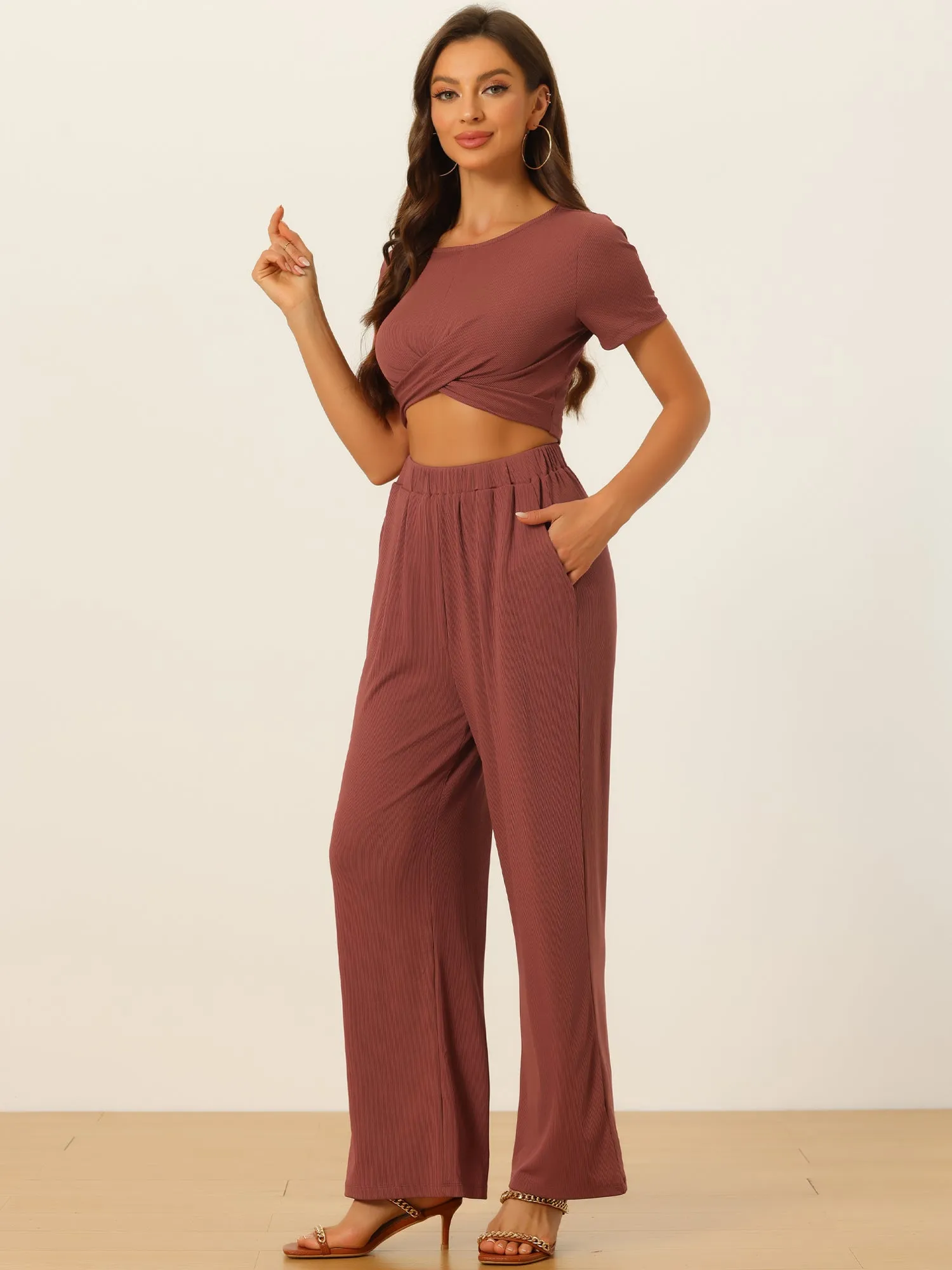 2 Piece Outfits Shrot Sleeve Front Twist Top Wide Leg Pants Lounge Sets Tracksuits sold by Allegra K product image thumbnail 3
