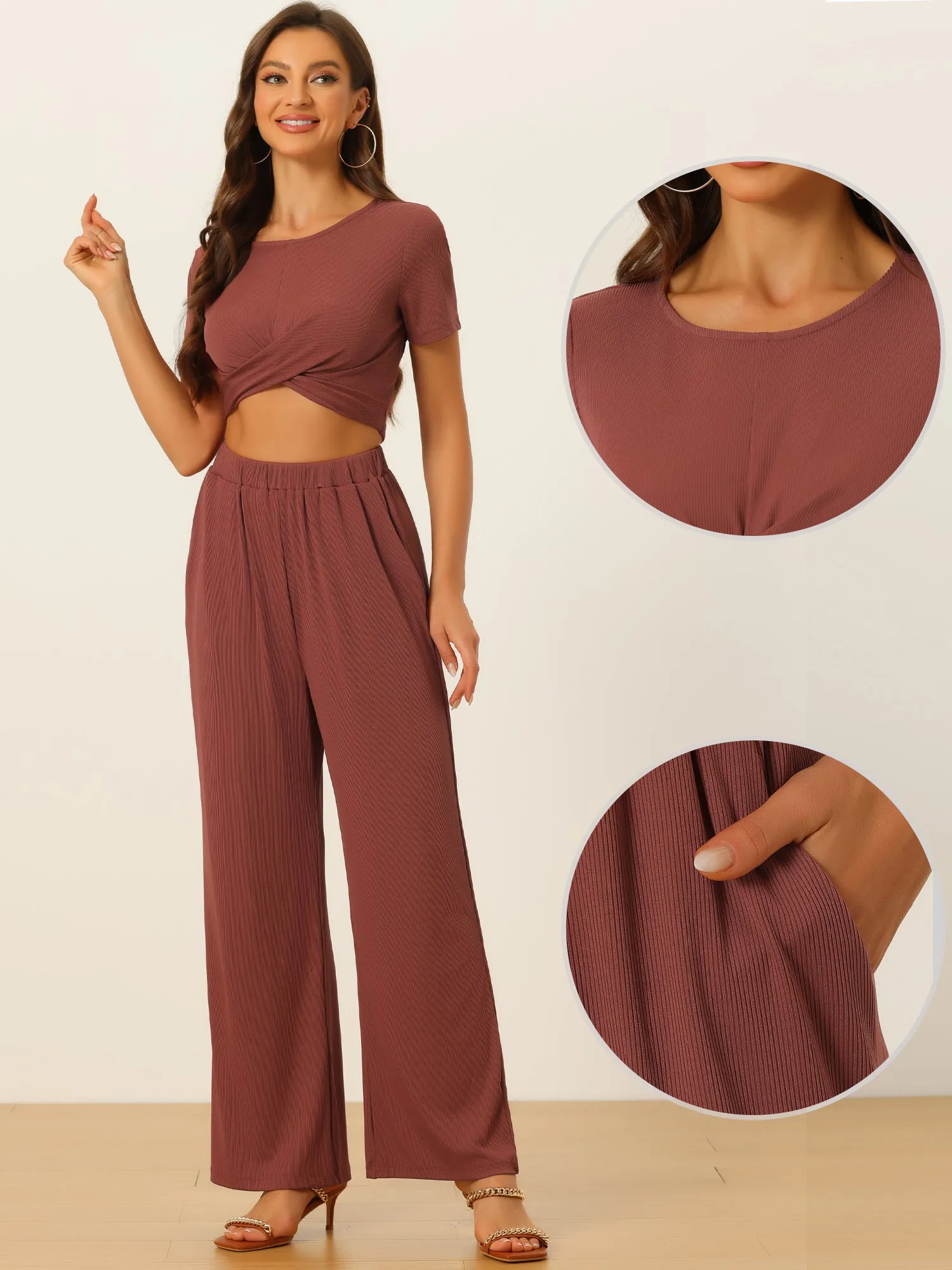 2 Piece Outfits Shrot Sleeve Front Twist Top Wide Leg Pants Lounge Sets Tracksuits sold by Allegra K