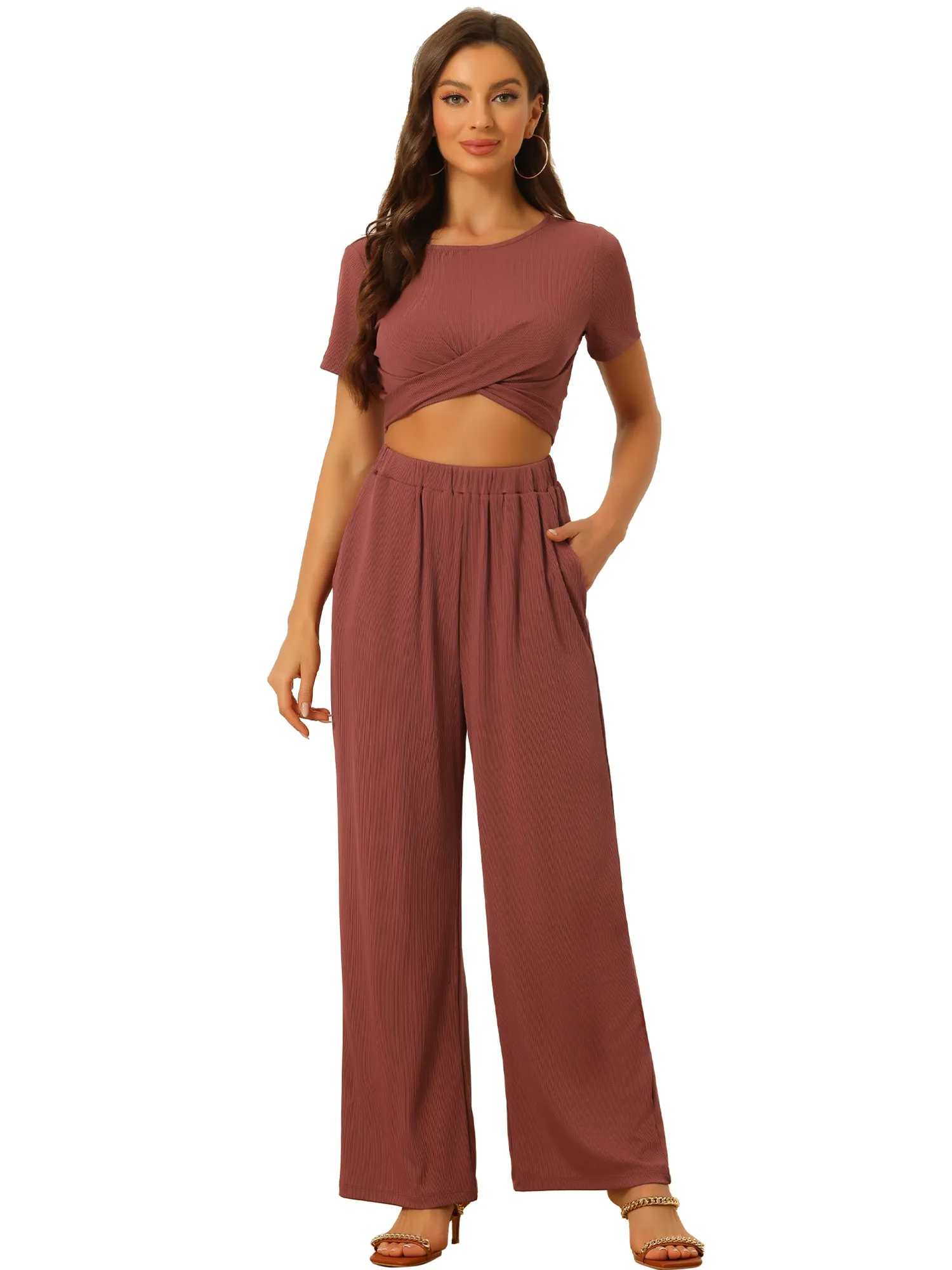 2 Piece Outfits Shrot Sleeve Front Twist Top Wide Leg Pants Lounge Sets Tracksuits sold by Allegra K product image thumbnail 5