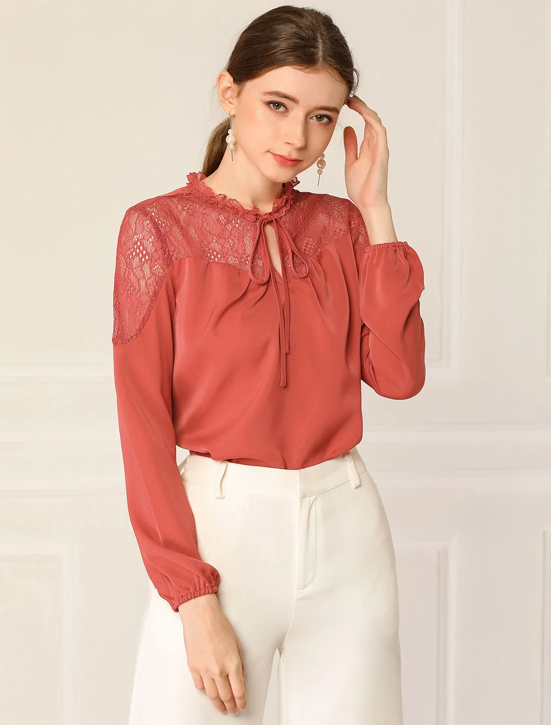 Lace Self Tie Neck Ruffle Lightweight Chiffon Long Sleeve Blouse sold by Allegra K product image thumbnail 3