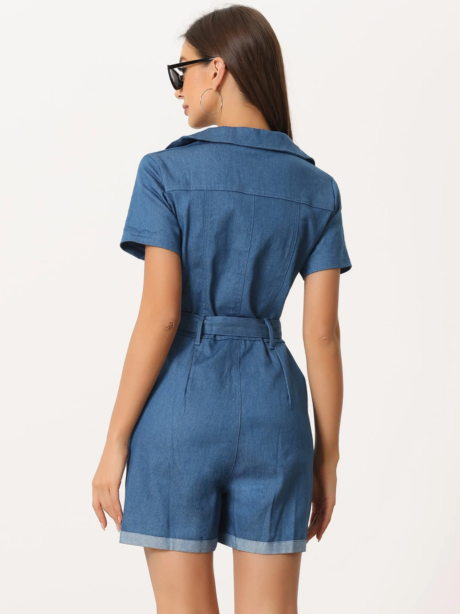 Denim V Neck Zip Up Short Sleeve Belted Jean Romper sold by Allegra K product image thumbnail 3