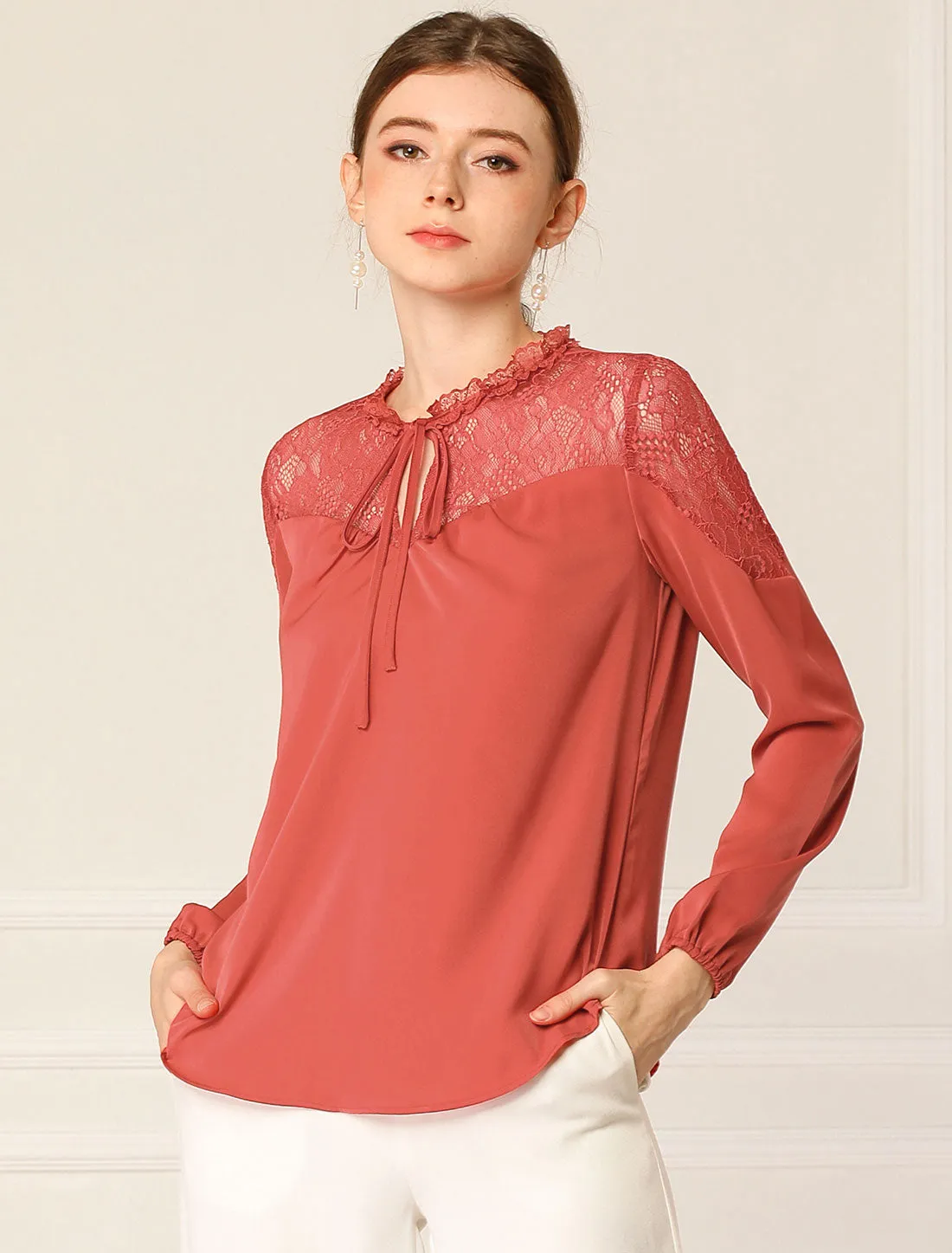 Lace Self Tie Neck Ruffle Lightweight Chiffon Long Sleeve Blouse sold by Allegra K