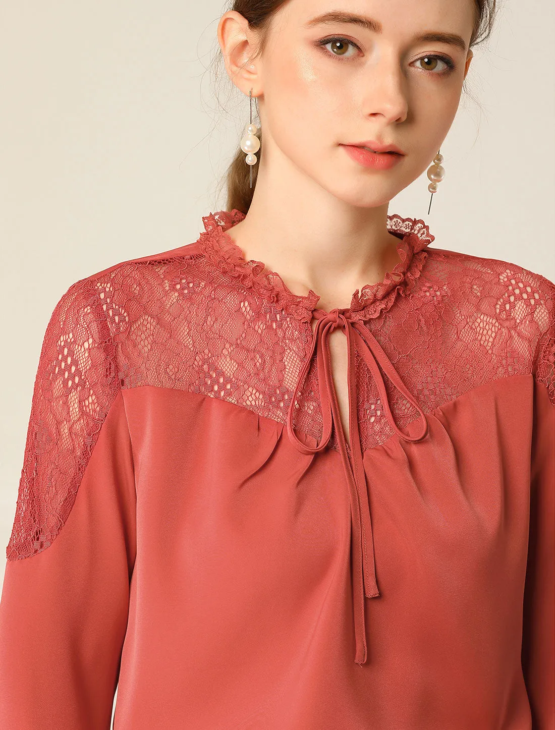 Lace Self Tie Neck Ruffle Lightweight Chiffon Long Sleeve Blouse sold by Allegra K product image thumbnail 5