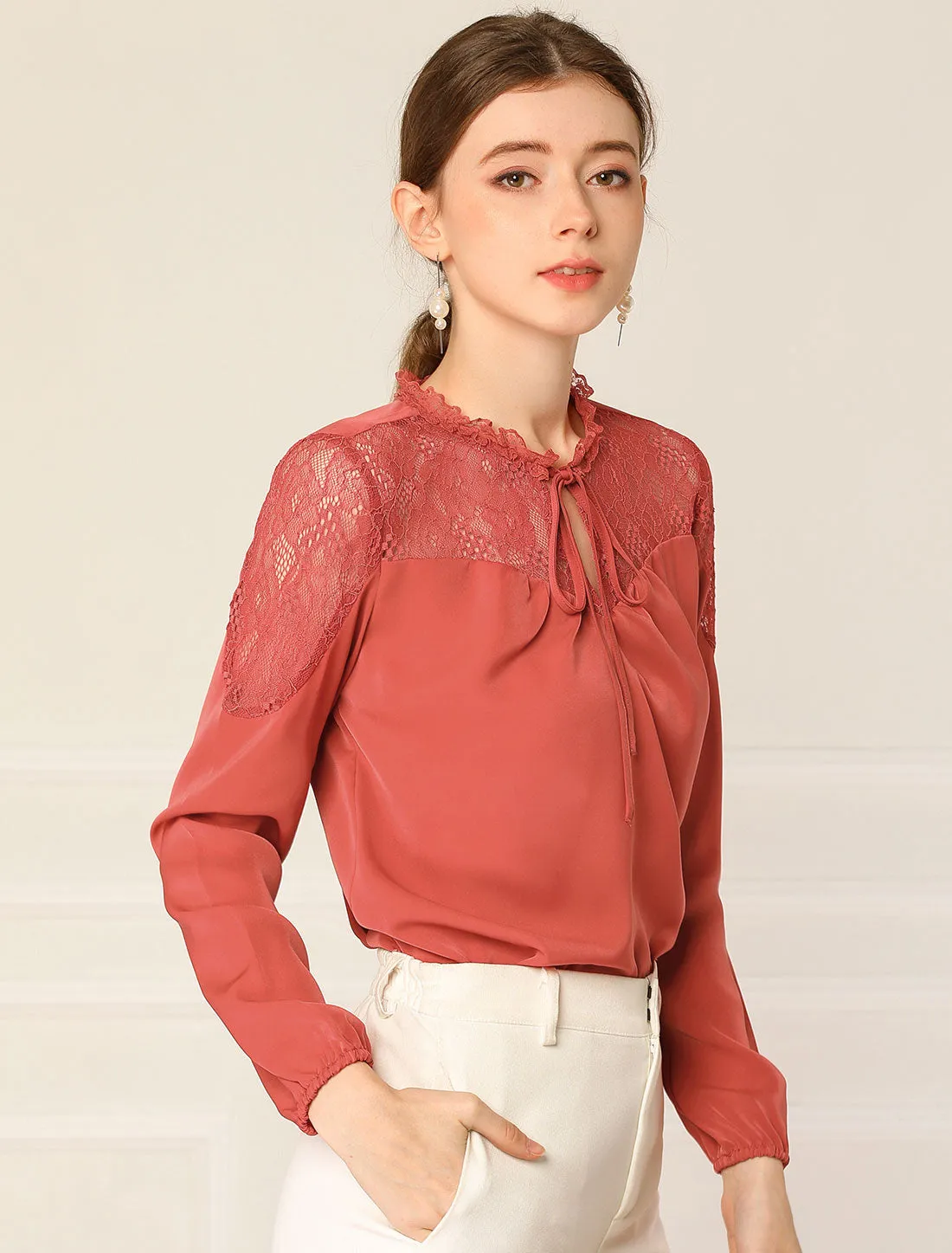 Lace Self Tie Neck Ruffle Lightweight Chiffon Long Sleeve Blouse sold by Allegra K product image thumbnail 2