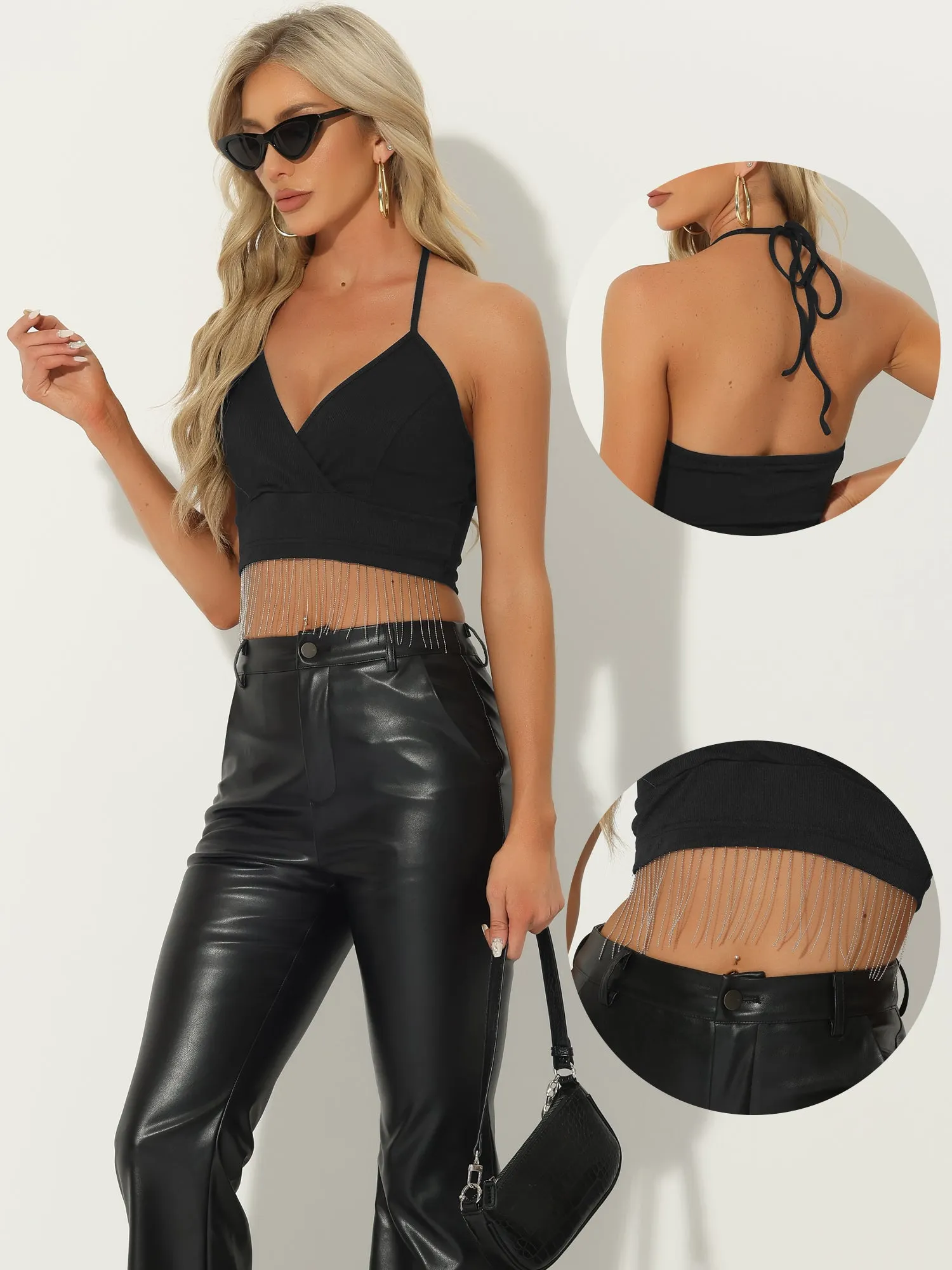 Fringe Sleeveless Tie Halter Neck Party Cropped Cami Top sold by Allegra K product image thumbnail 2