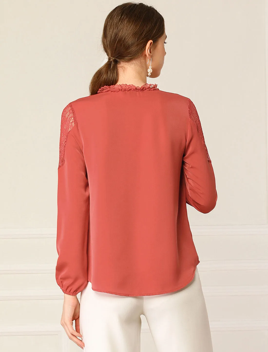 Lace Self Tie Neck Ruffle Lightweight Chiffon Long Sleeve Blouse sold by Allegra K product image thumbnail 4