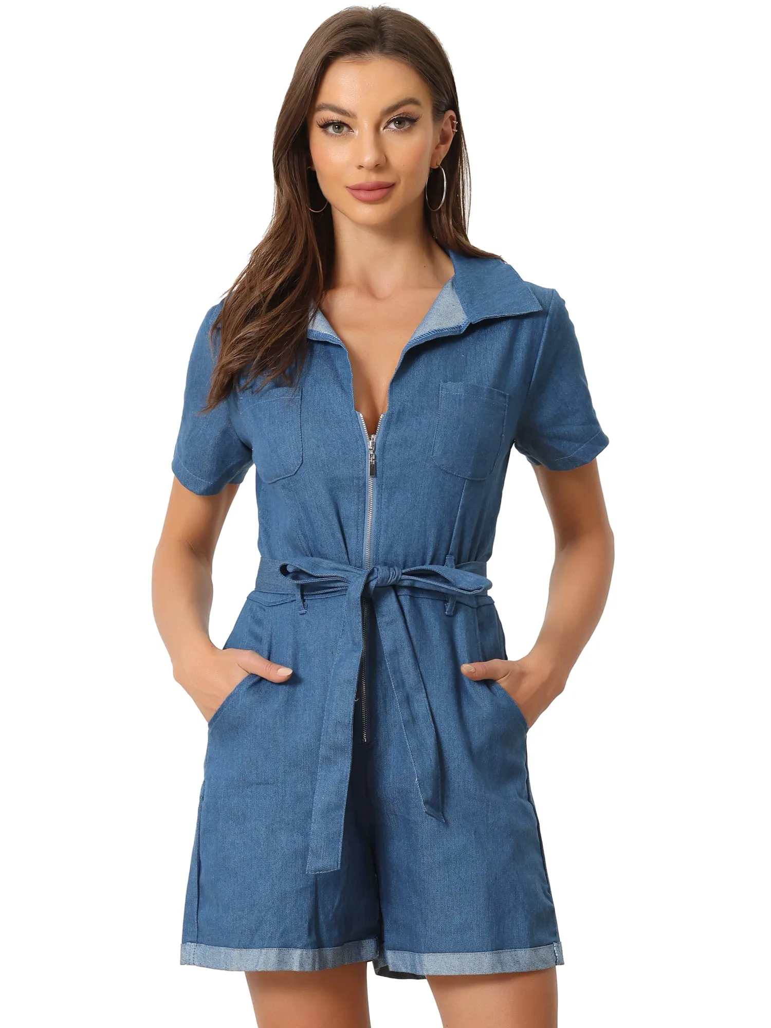 Denim V Neck Zip Up Short Sleeve Belted Jean Romper sold by Allegra K product image thumbnail 4